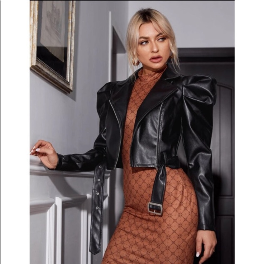 Faux Leather Puff Sleeve Crop Moto Jacket